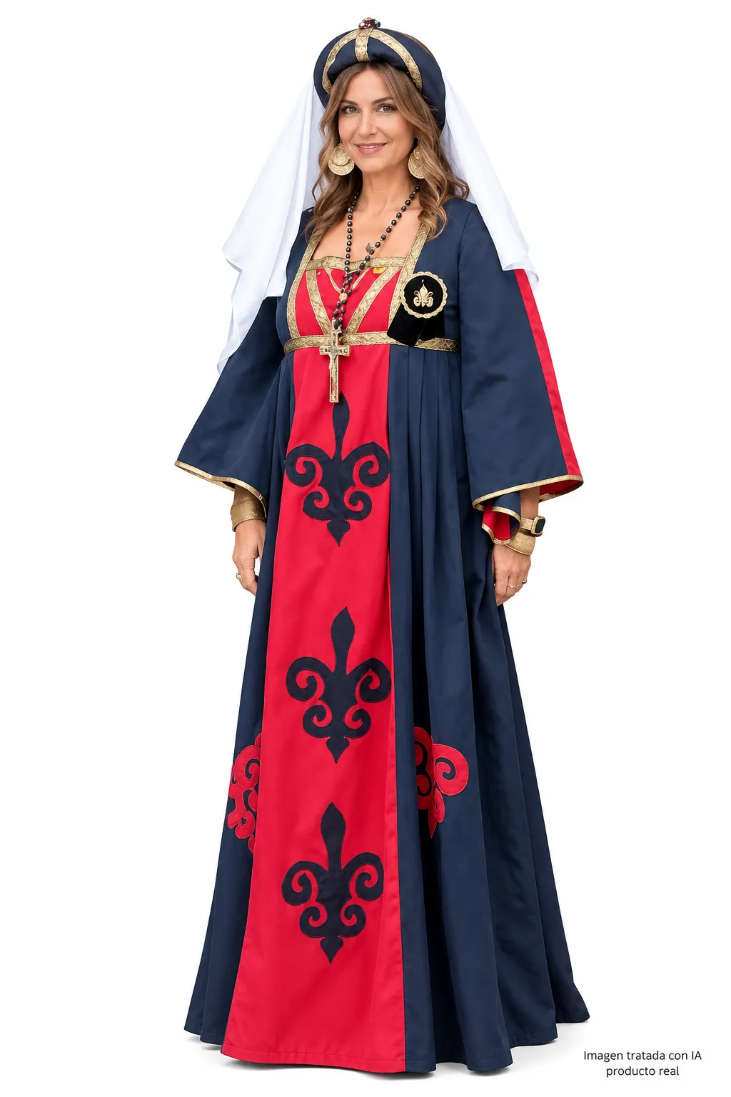 Disfraz medieval de dama con vestido azul y rojo, flores de lis y tocado con velo
