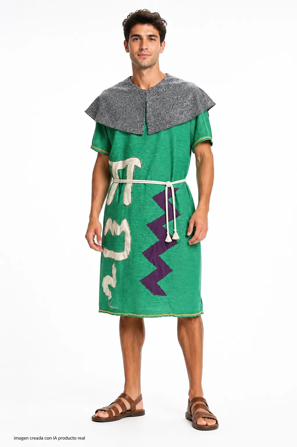 Disfraz medieval de hombre con túnica verde, esclavina gris, cordón a la cintura y sandalias