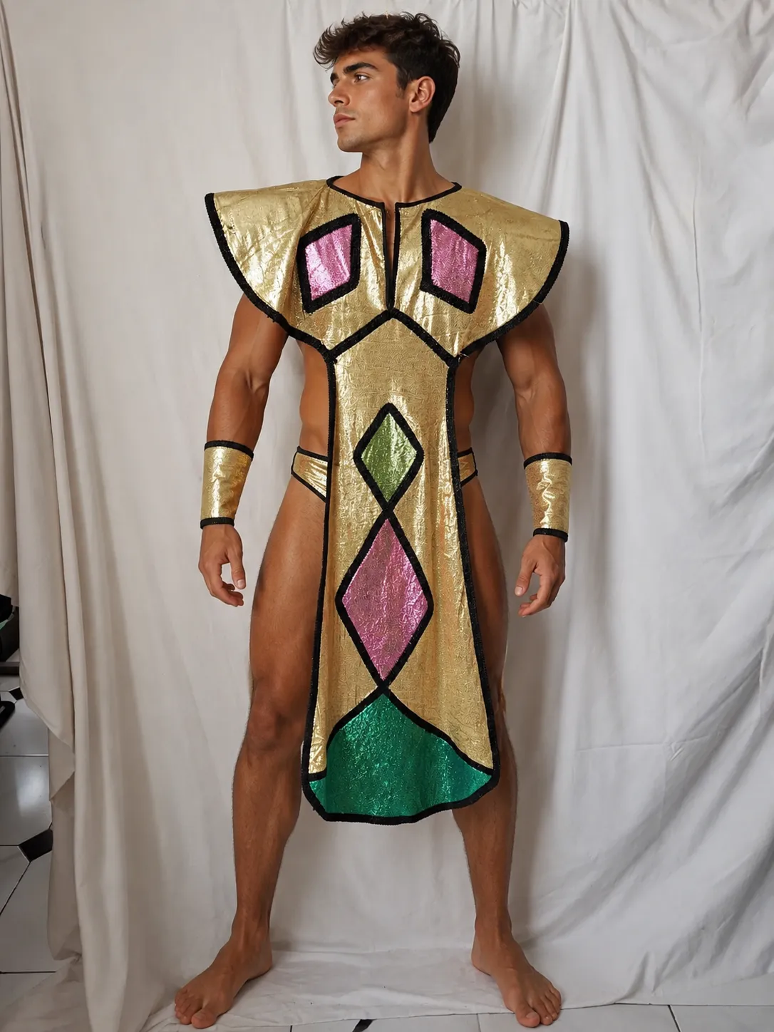 Disfraz egipcio de faraón con túnica dorada, rombos de colores, hombreras y brazaletes