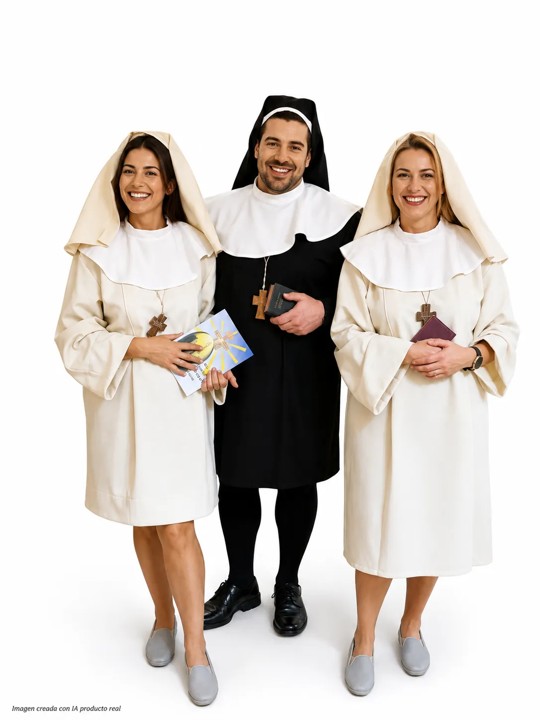 Disfraces temáticos en grupo de monjas y cura con hábitos y cruces de madera