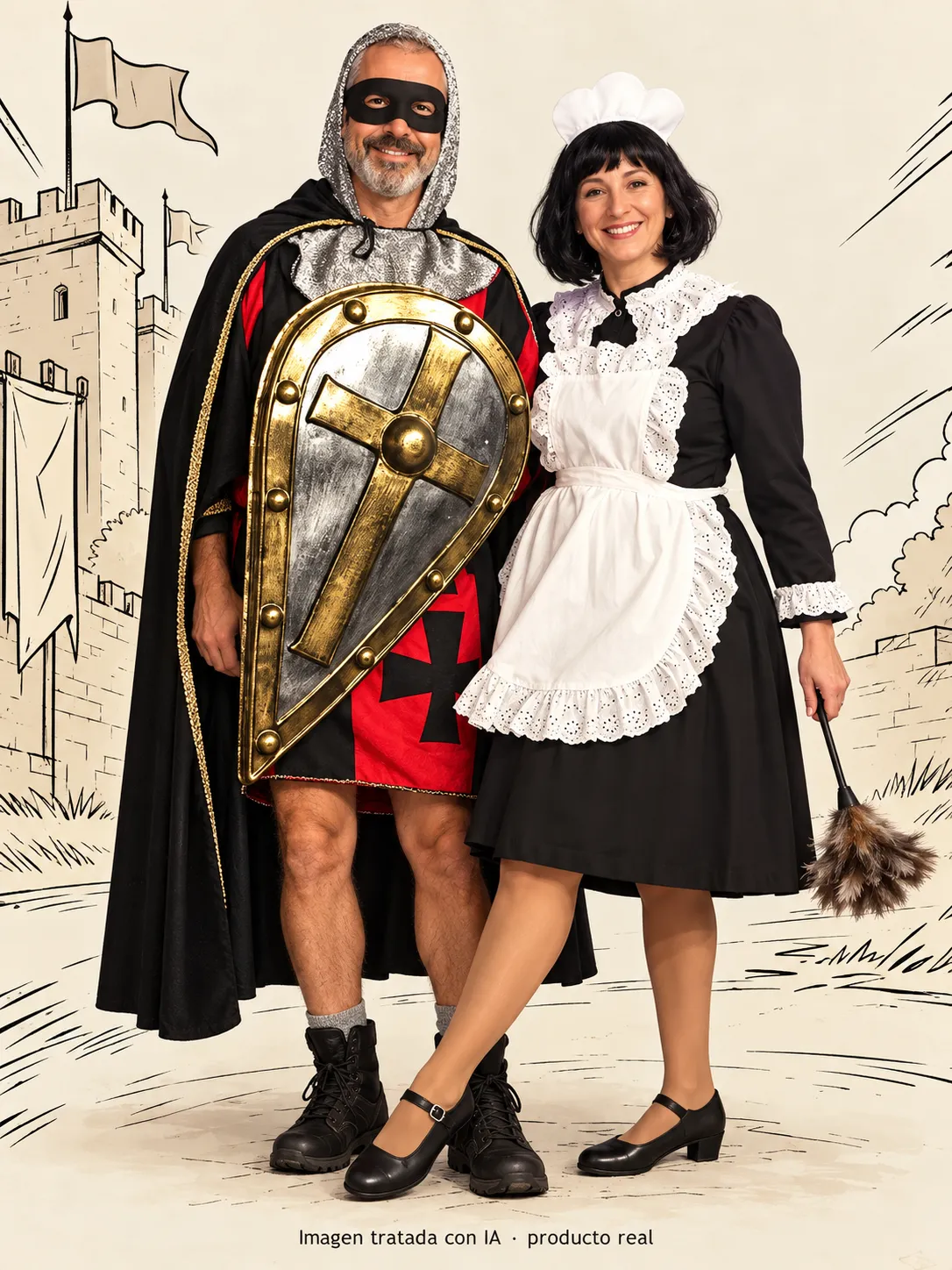 Pareja disfrazada: caballero cruzado con capa negra, cota de malla y escudo con cruz dorada, y sirvienta con vestido negro, delantal blanco de puntilla, cofia y plumero