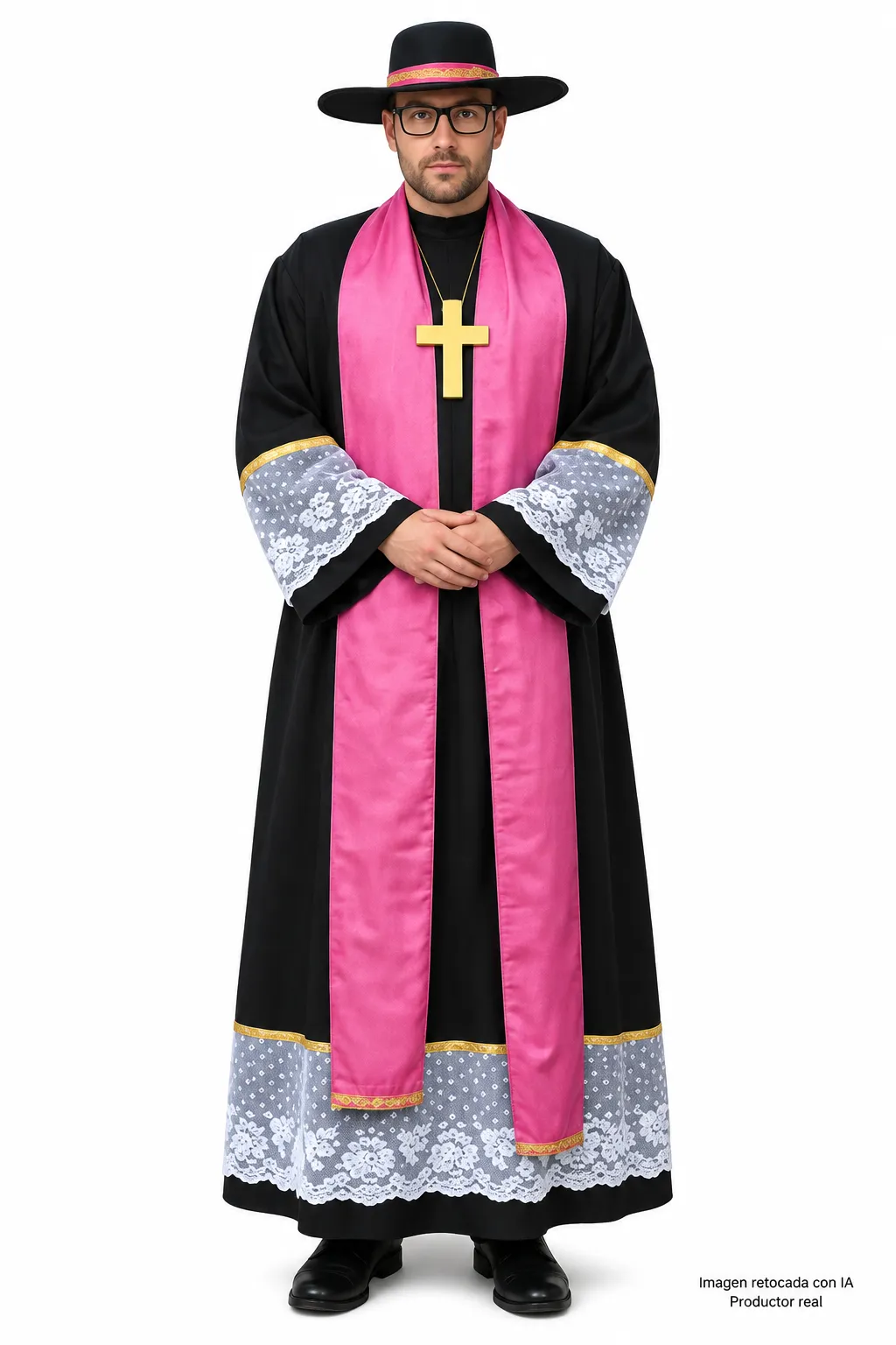 Disfraz temático de sacerdote con sotana negra, estola rosa y cruz dorada